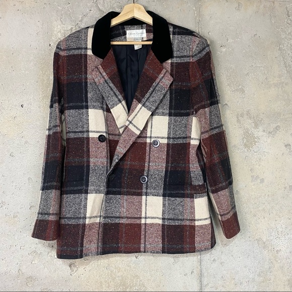 Vintage brown rust cream black plaid wool blend structured blazer large - Picture 2 of 6